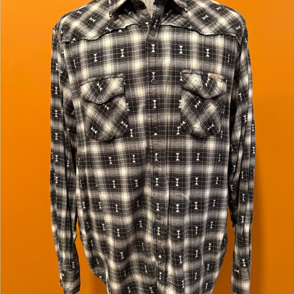Lucky Brand Black and Gray Dobby Weave Snap Shirt with Western Yokes